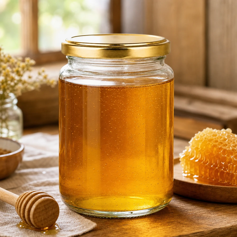 382ml Verre rond avec couvercle BasicSeal or UNiTWIST Pot rond de 382 ml avec couvercle doré rempli de miel à côté d'un nid d'abeilles et d'une cuillère à miel sur une table en bois