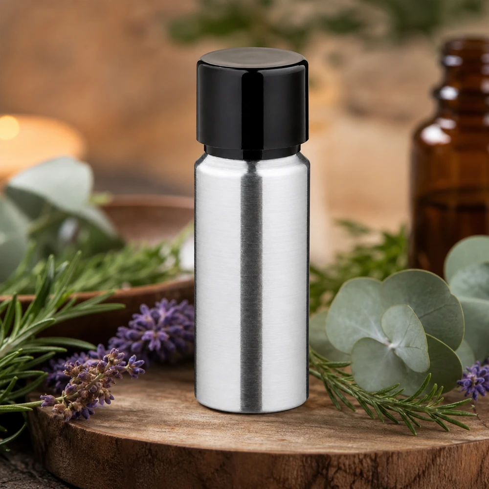 Bouteille en aluminium poncé 20 ml, avec bouchon à vis noir et joint conique Flacon en aluminium rechargeable de 20 ml à la texture polie pour les produits de soin naturels