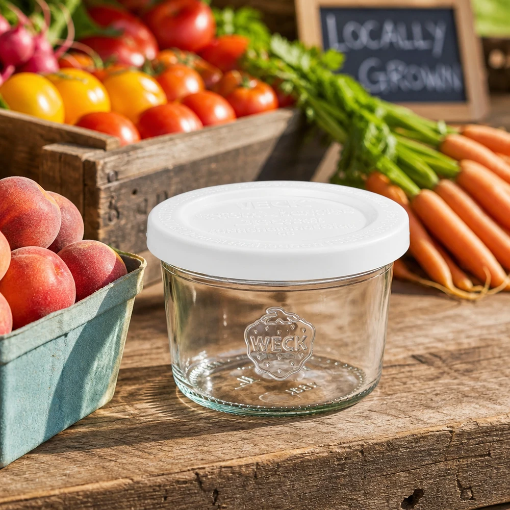 Pot de 80 ml WECK RR60 avec couvercle fraîcheur entre des légumes frais et des fruits sur une table en bois rustique pour une conservation naturelle.