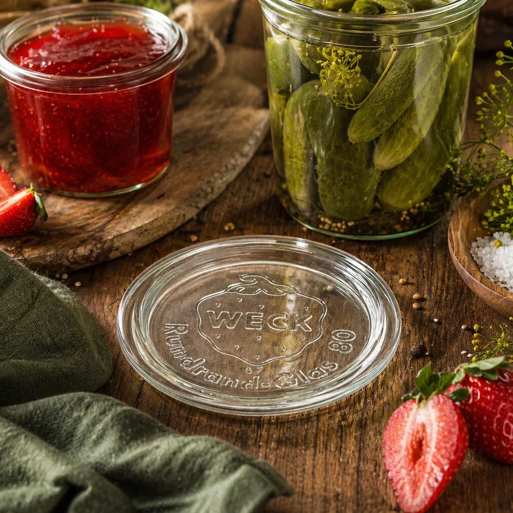 WECK Couvercle en verre RR80 dans une scène de cuisine naturelle avec des bocaux de cornichons et de confiture sur une table en bois