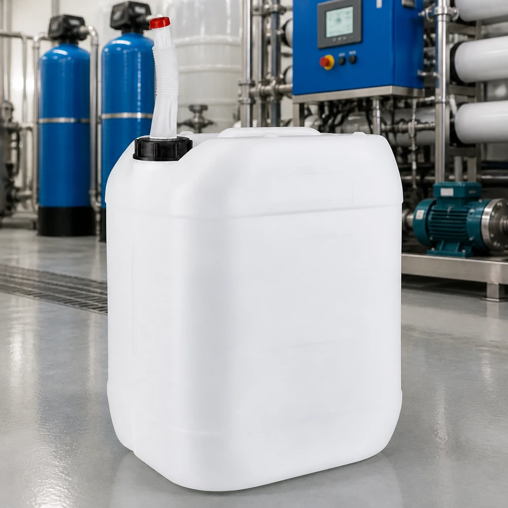 Bidon en plastique transparent de 20 litres muni d'un bec verseur flexible, devant une station de traitement des eaux industrielle