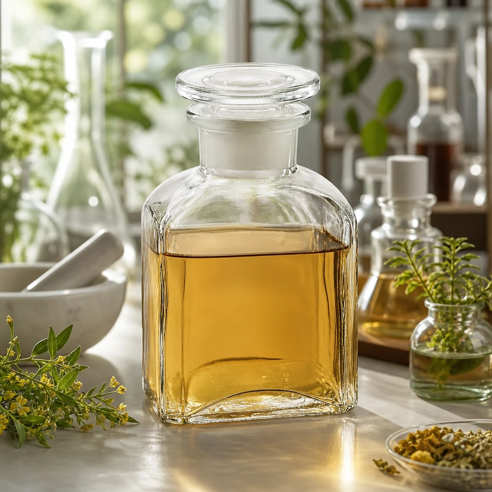 Flacon carré col large 150 ml + bouchon RIN, verre clair Flacon en verre transparent de 150 ml, de forme carrée, muni d'un bouchon, destiné aux huiles essentielles et aux extraits de plantes