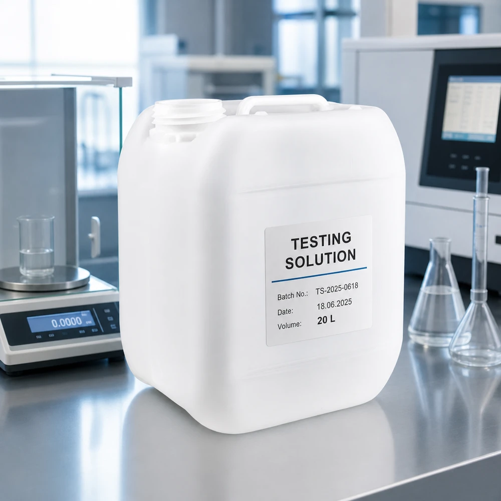 Bidon de 5 litres sans bouchon, muni d'une étiquette « Testing Solution », posé sur une paillasse de laboratoire en acier inoxydable