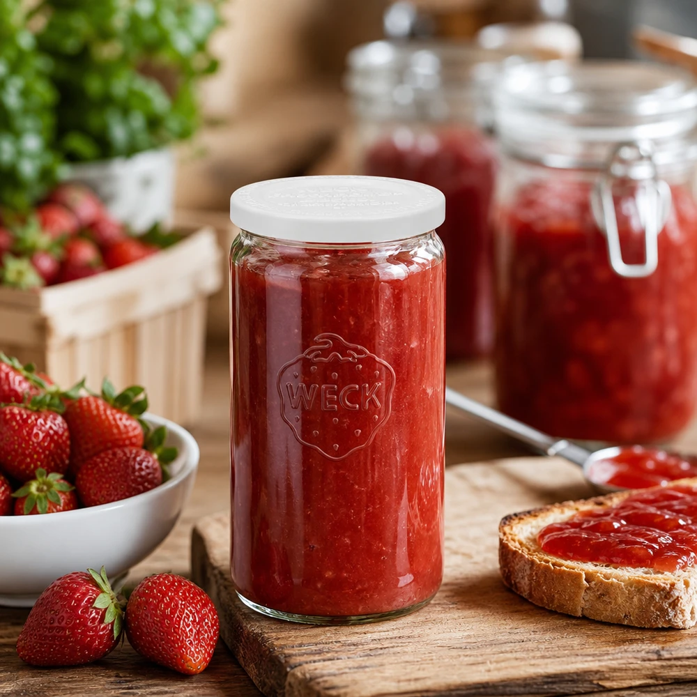 340ml bocal cylindrique avec couvercle fraîcheur WECK RR60 WECK Pot cylindrique 340ml rempli de confiture de fraises dans une cuisine rustique avec des fraises fraîches et du pain