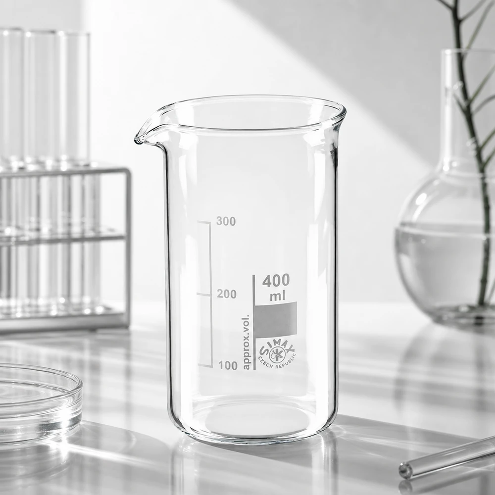 Bécher 400ml en verre borosilicate résistant à la chaleur (forme haute) Bécher transparent vide de 400 ml, de forme haute, muni d'un bec verseur, en verre borosilicaté transparent