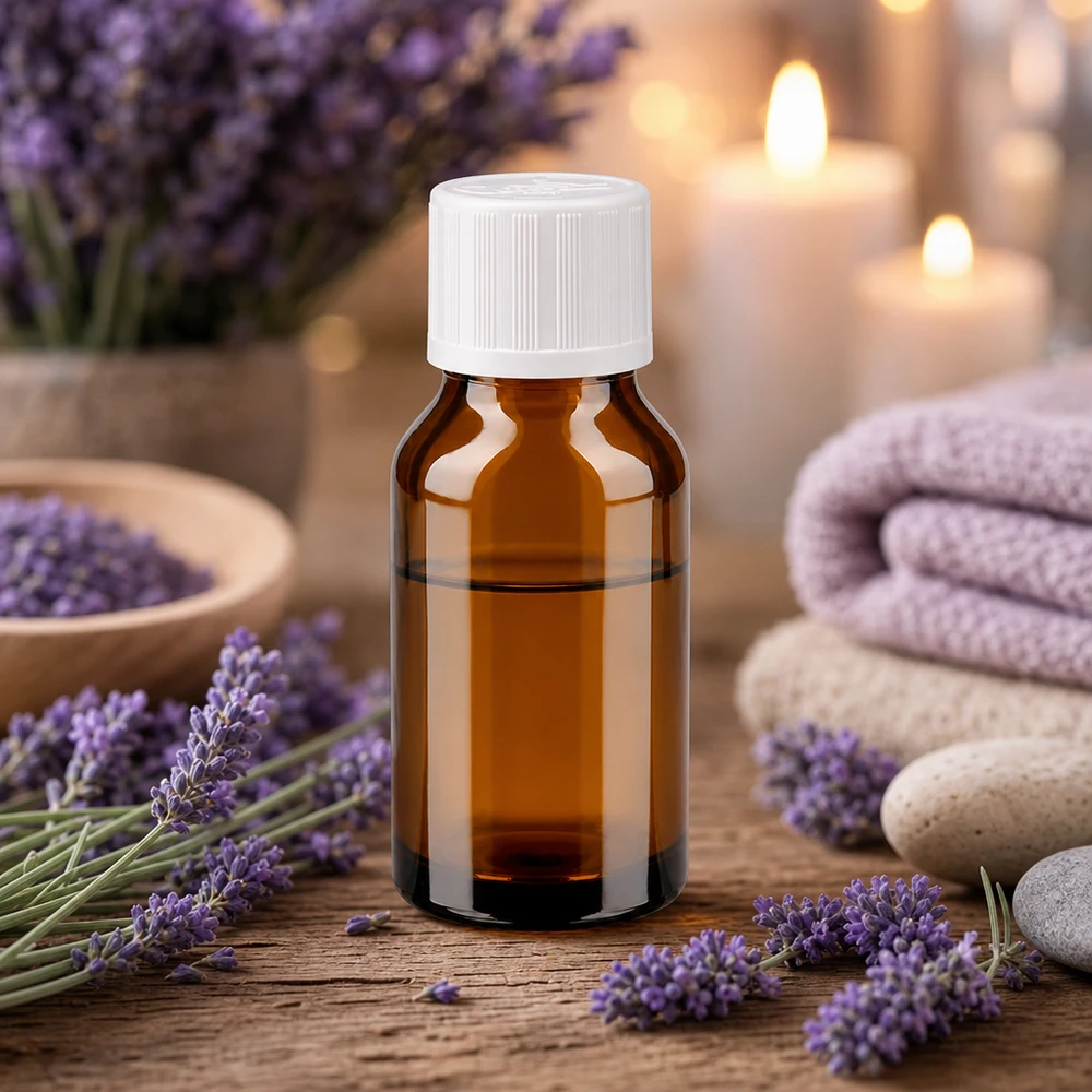 Huile essentielle de lavande conditionnée dans un flacon de pharmacie brun de 15 ml muni d'un bouchon blanc à sécurité enfants
