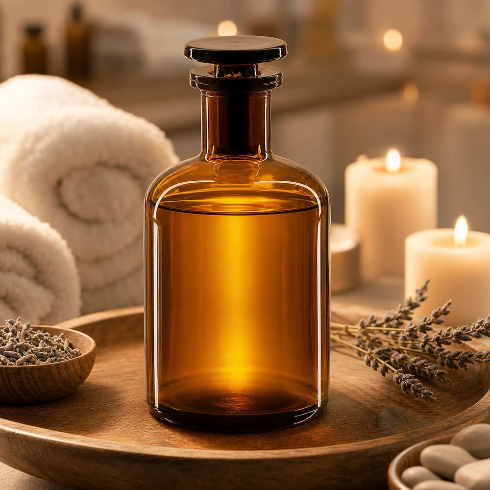Flacon pharmaceutique 100 ml col étroit en verre ambré + bouchon Flacon d'aromathérapie de 100 ml, brun, à épaulement arrondi, avec bouchon en verre, contenant de la lavande et des bougies