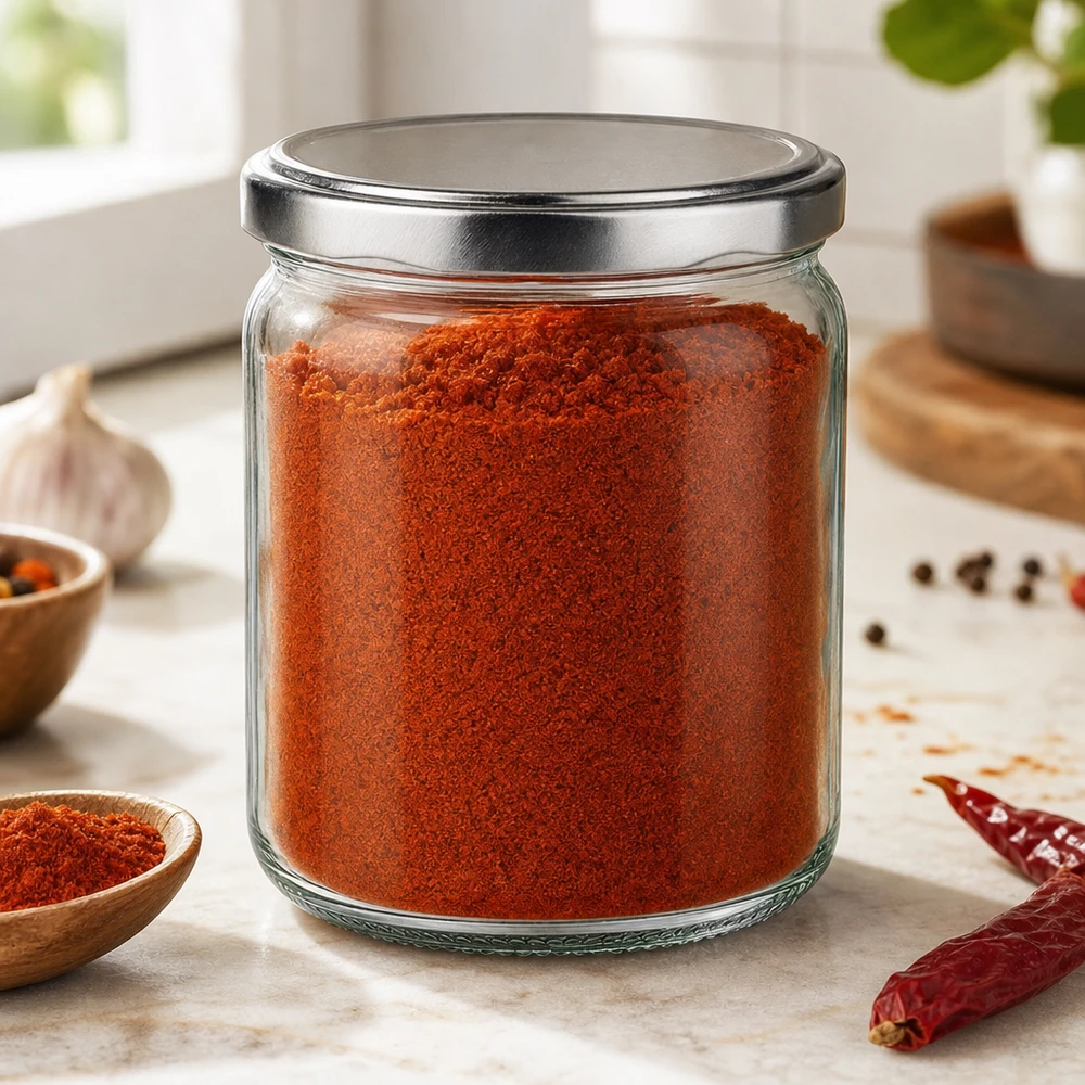 408ml Verre rond avec couvercle BasicSeal argent UNiTWIST Bocal rond de 408ml avec couvercle BasicSeal argenté rempli d'épices rouges en poudre Paprika dans un bocal à épices de cuisine moderne