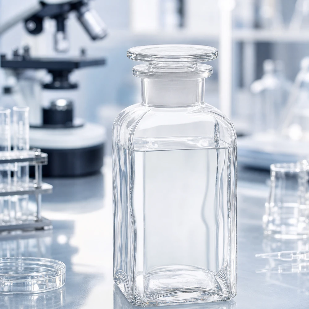Flacon de laboratoire de 350 ml, à col large et à section carrée, muni d'un bouchon en verre, destiné aux réactifs chimiques et aux solutions