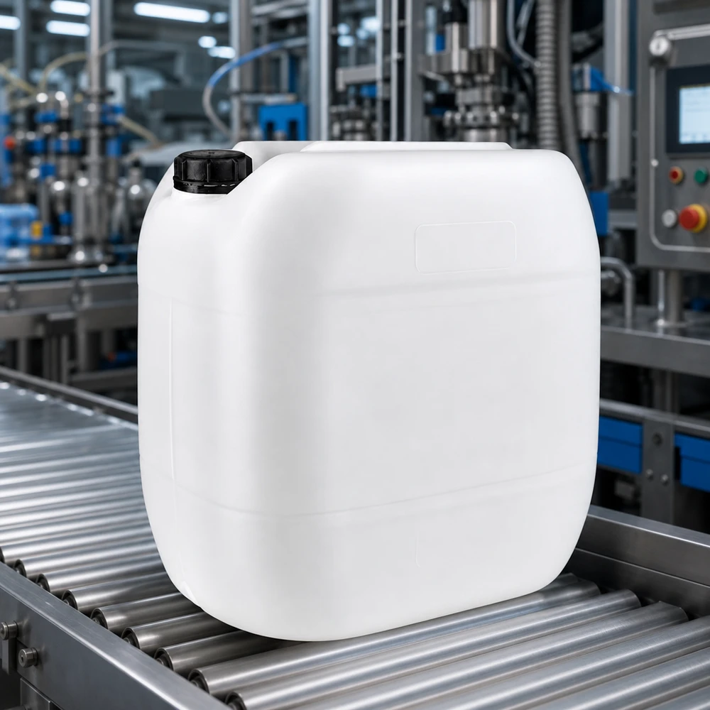 Bidon industriel blanc de 30 litres avec bouchon d'origine noir, sur un tapis roulant