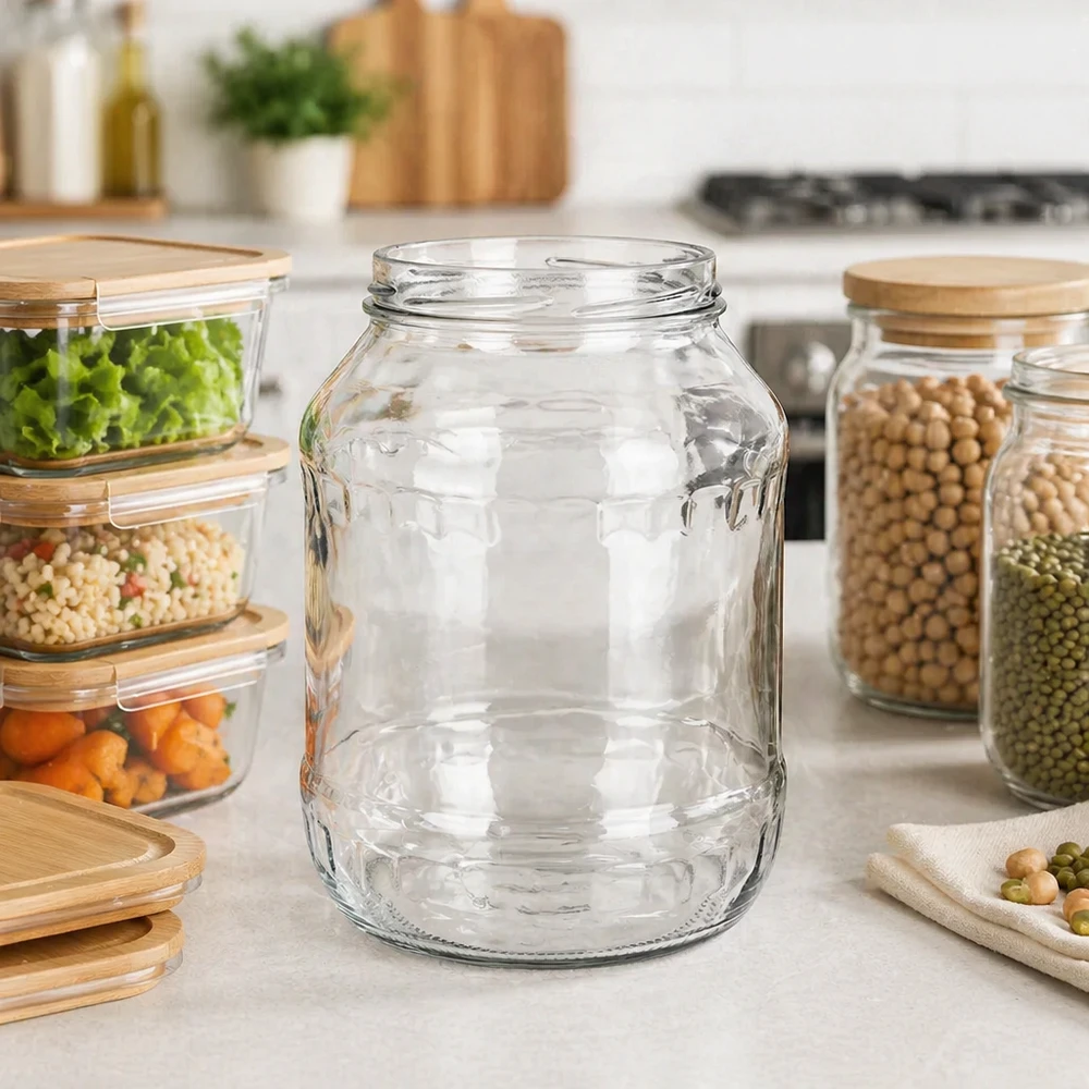 Verre rond renversé 2650ml UNiTWIST Runda2650 dans une cuisine moderne entre les récipients de stockage avec des légumineuses