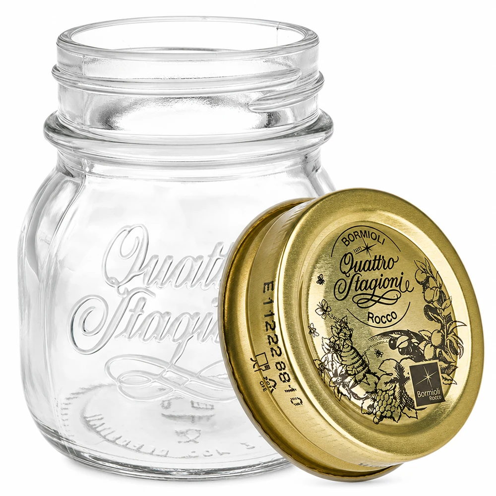 Verre rond 150ml « Quattro Stagioni » avec couvercle Pot rond 150ml Quattro Stagioni avec couvercle doré Pot de conservation Bormioli Rocco italien