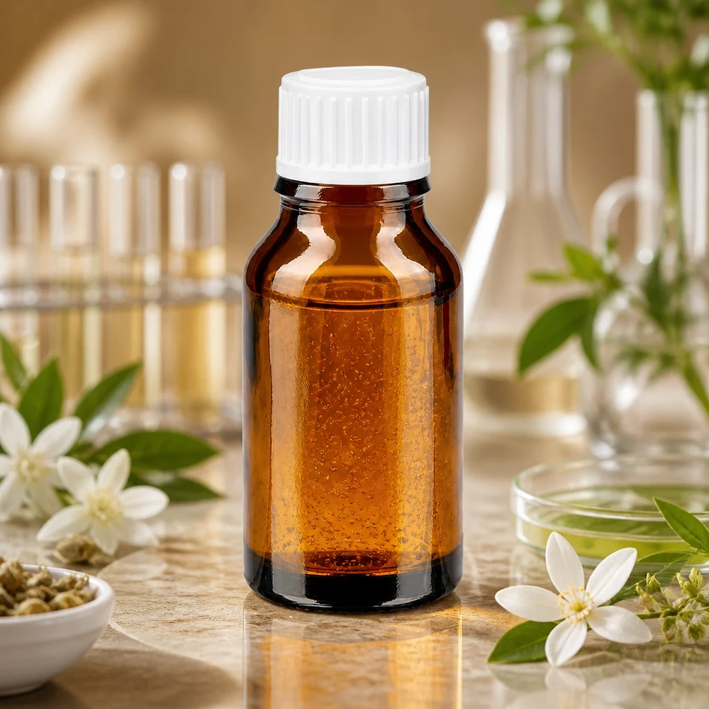 Flacon en verre ambré de 15 ml muni d'un bouchon à vis blanc, entre des fleurs de jasmin et du matériel de laboratoire