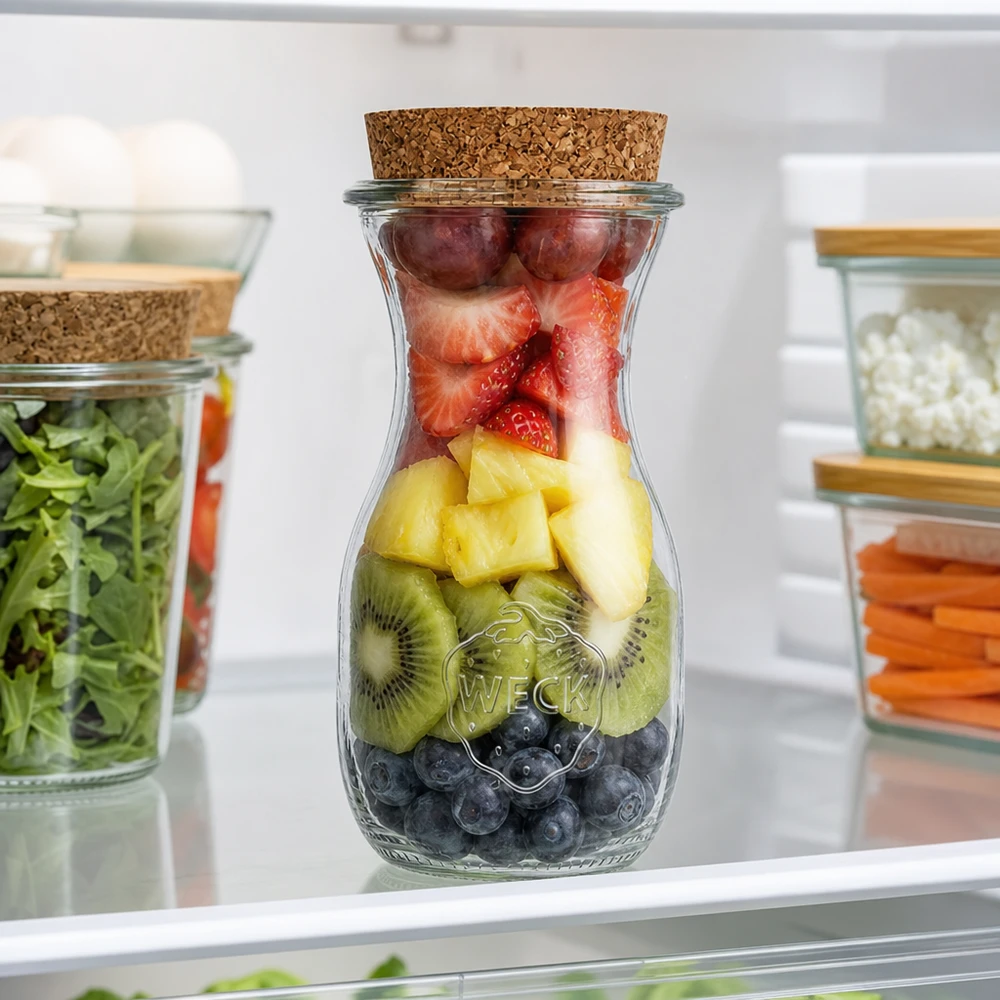 WECK Bouteille de jus 290ml RR60 avec mélange de fruits myrtilles kiwi ananas fraises dans le réfrigérateur Meal Prep