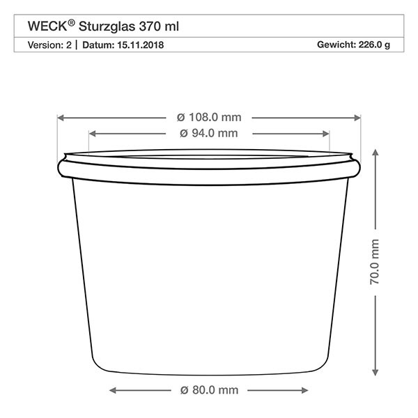 370ml bocal conique WECK RR100 avec bouchon nature WECK Sturzglas 370ml RR100 technische Zeichnung mit Maßangaben Durchmesser 108mm Höhe 70mm Gewicht 226g