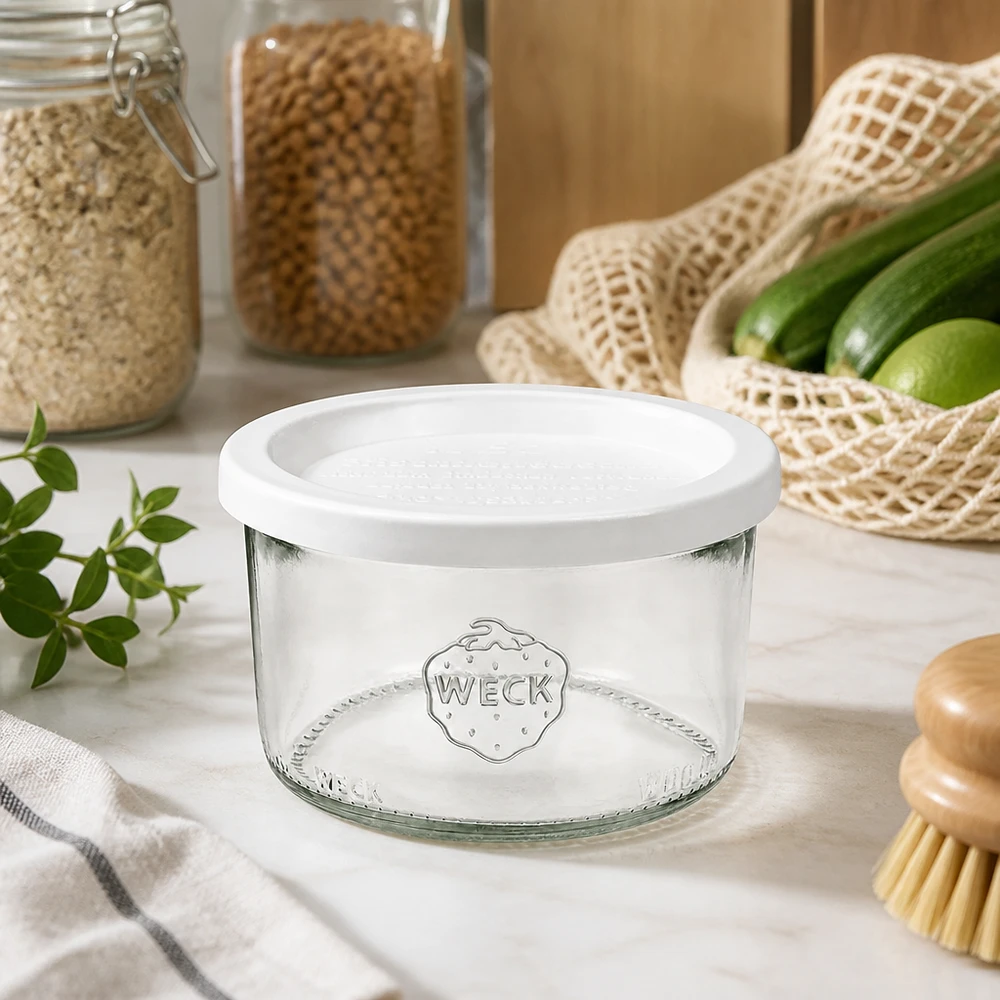 200ml bocal conique avec couvercle fraîcheur WECK RR80 WECK Pot renversé 200ml RR80 avec couvercle fraîcheur blanc dans une cuisine durable avec des légumes bio et des ustensiles de stockage