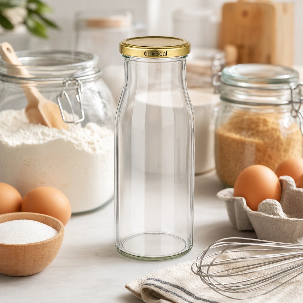 UNiTWIST Bouteille en verre 150ml vide sur plan de travail de cuisine avec ingrédients de cuisson oeufs farine fouet couvercle doré