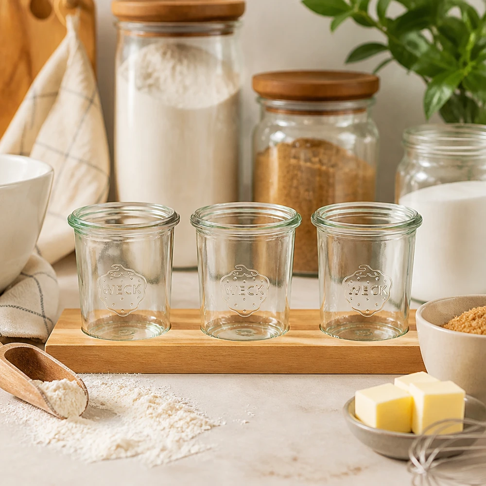 Pots Weck 160ml vides sur planche à servir en bambou Plano3 dans Cuisine avec ingrédients farine et beurre