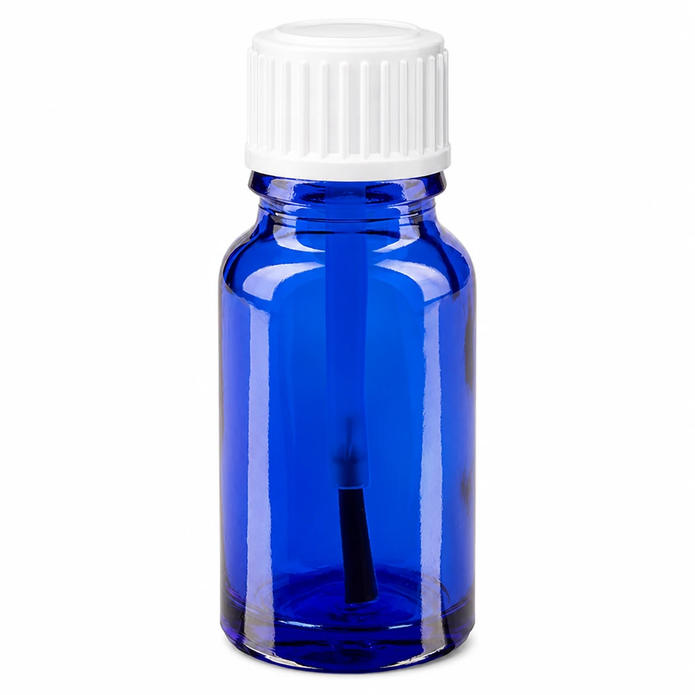 Flacon en verre bleu de 10 ml, de type pharmacie, muni d'un bouchon pinceau blanc pour une application précise