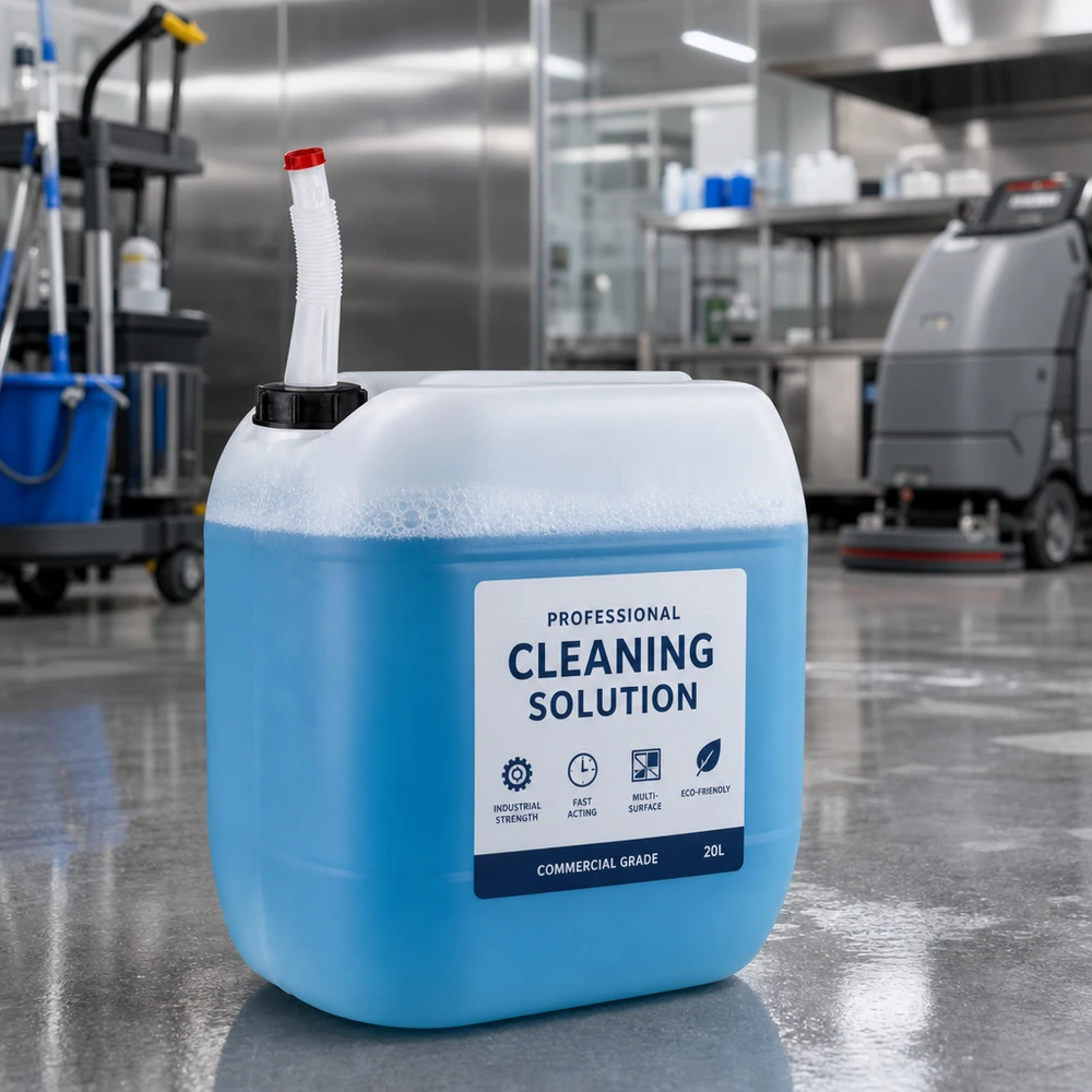 Bidon bleu de 30 litres pour produits de nettoyage, muni d'un bec verseur flexible, posé sur un sol industriel