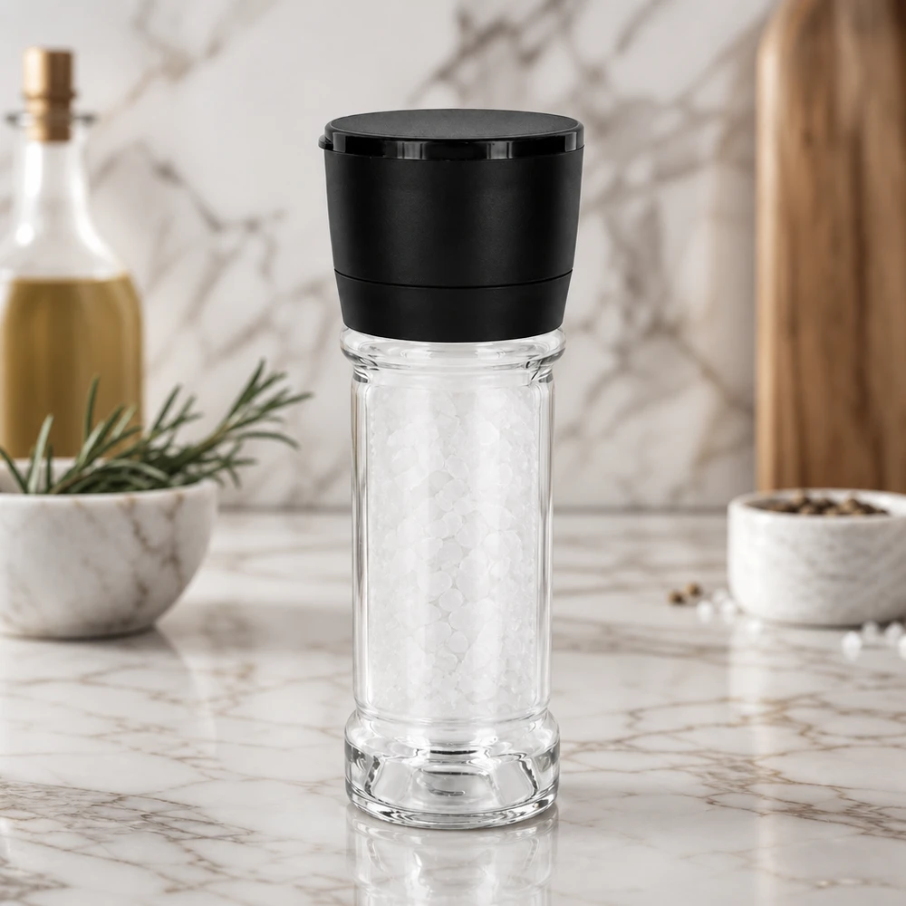 Verre à sel de 100 ml avec moulin noir Vario, posé sur un plateau en marbre blanc et rempli de gros sel marin