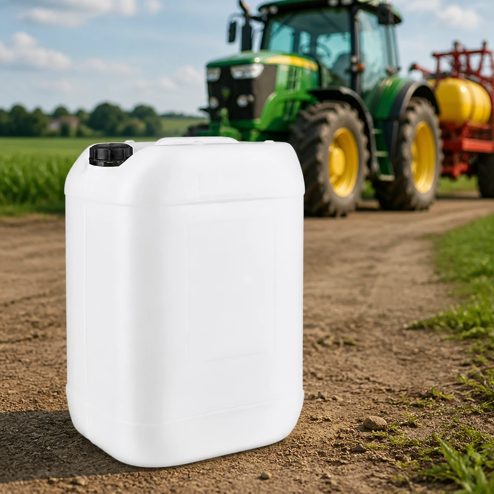 Bidon agricole de 25 litres, blanc, avec bouchon à vis, destiné aux produits phytosanitaires utilisés au champ