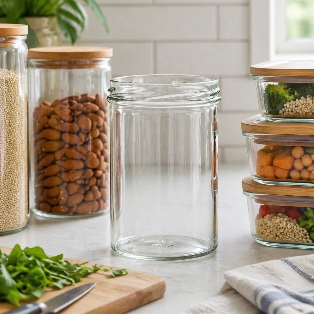 435ml Verre conique sans couvercle (TO82) UNiTWIST Bocal vide de 435 ml dans une cuisine moderne entre des bocaux de conservation remplis de noix et de légumes secs