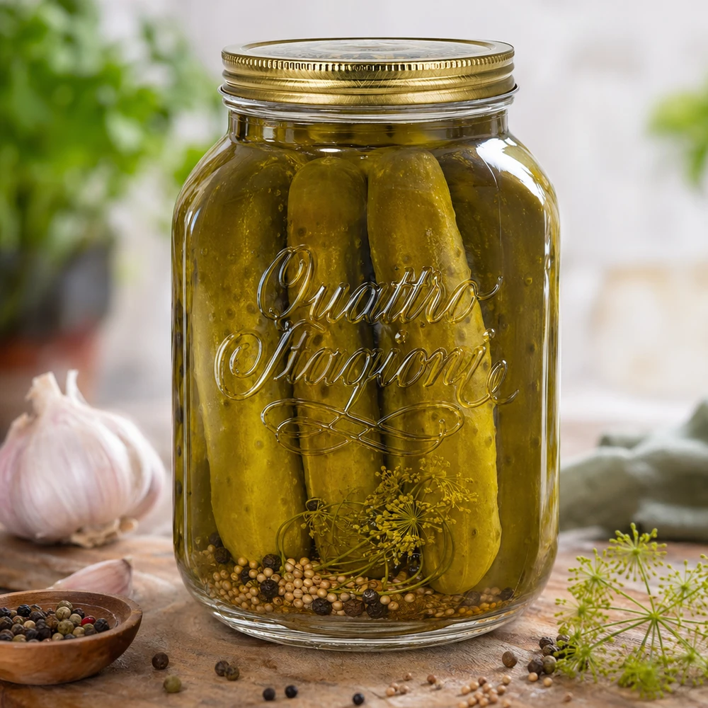 3000ml Quattro Stagioni bocal avec cornichons marinés épices et aneth montre une conservation parfaite