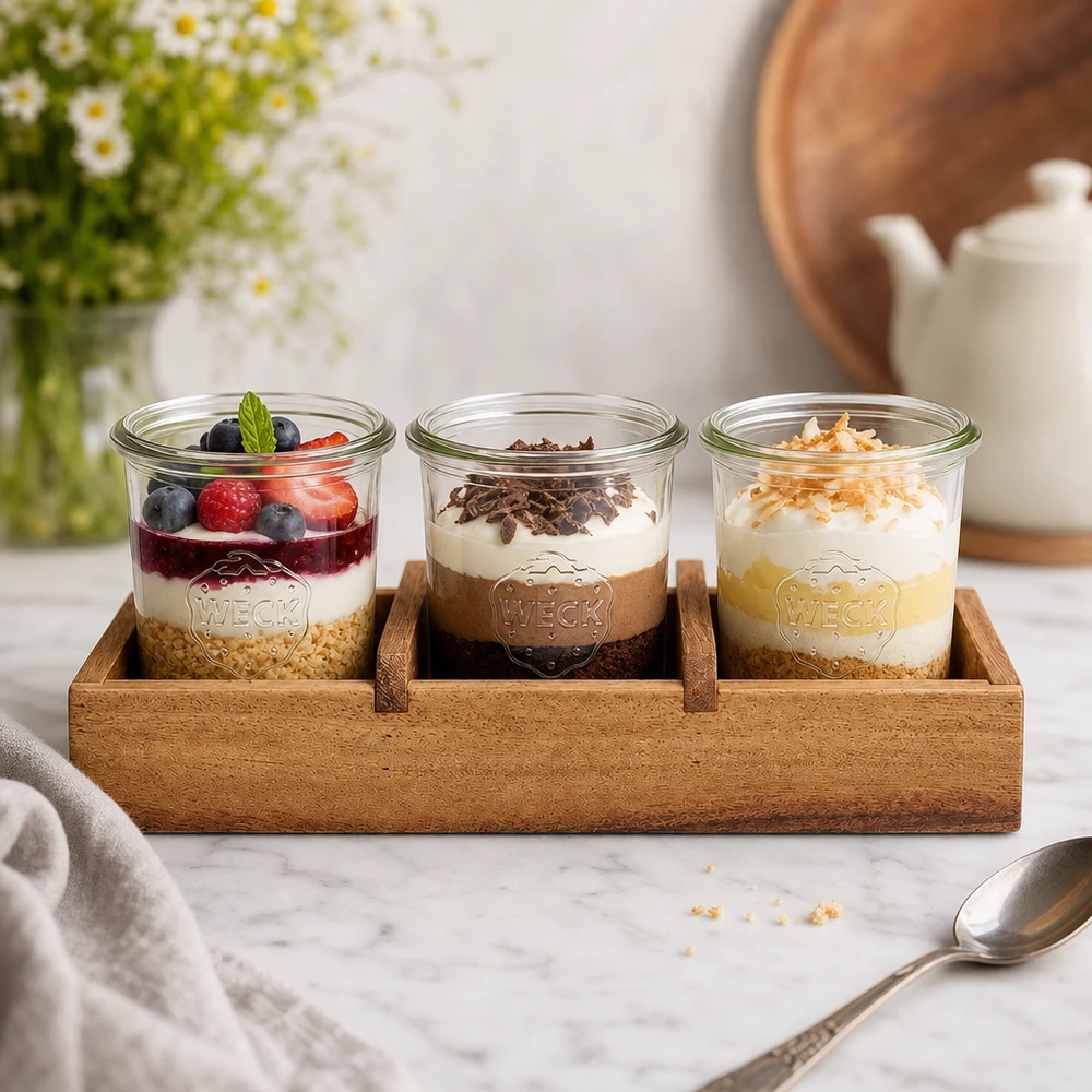 Plateau de présentation en bois daulne massif pour 3 bocaux Weck RR60 Bois d'acacia Planche de service Box3 avec trois verres WECK Yaourt Baies Chocolat Noix de coco Présentation de cuisine