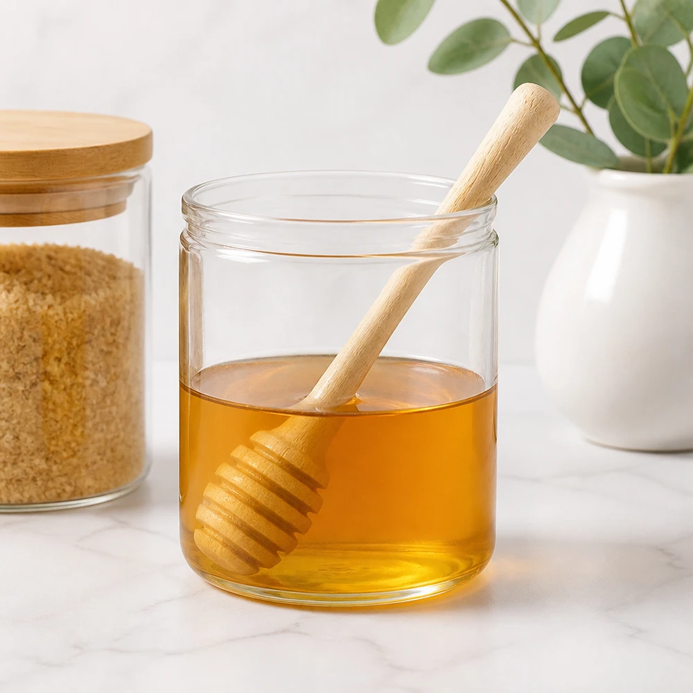 Pelle à miel en bois 10,5 cm Cuillère à miel en bois d'érable dans un pot à miel avec décor de cuisine et plantes montre une utilisation élégante dans une cuisine moderne