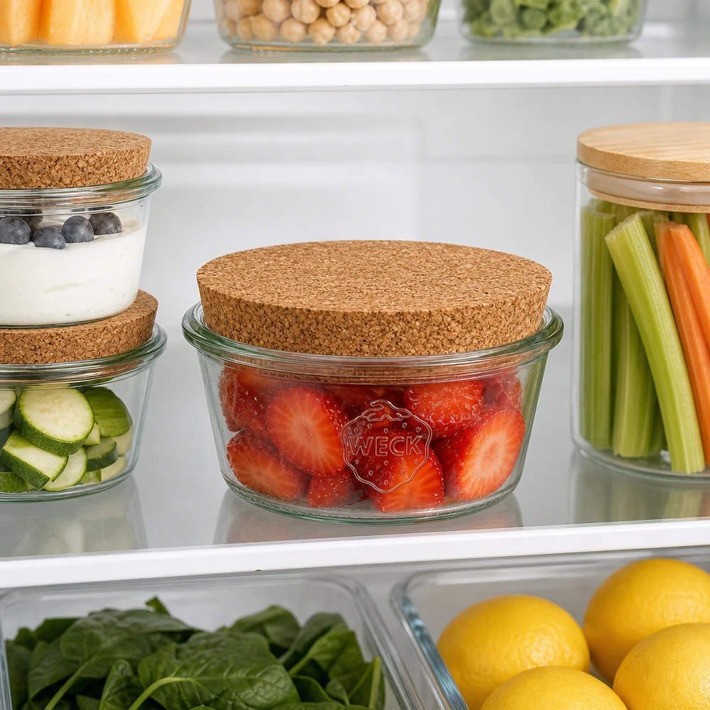 290ml bocal conique faible WECK RR80 avec bouchon nature WECK Pot renversé 290ml RR100 avec couvercle en liège pour la conservation des aliments au réfrigérateur rempli de fraises