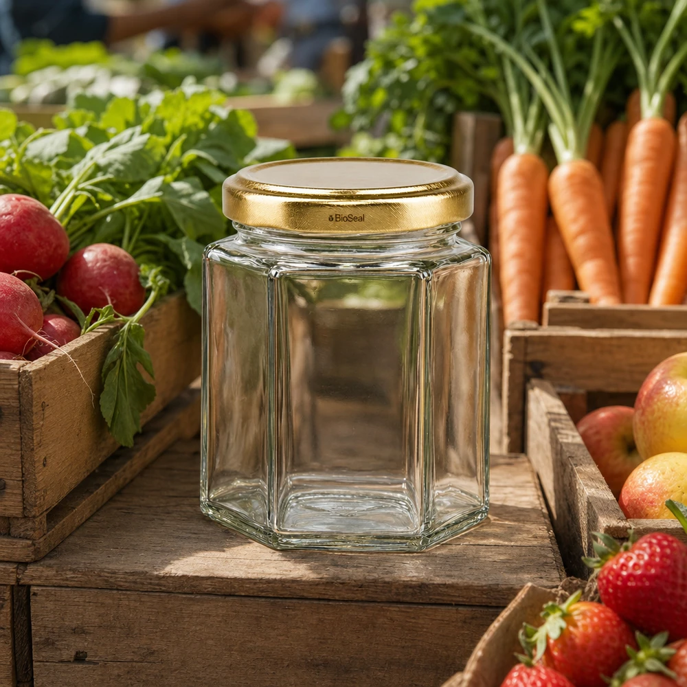 196ml Verre hexagonal avec couvercle BioSeal or UNiTWIST UNiTWIST Hexa196 Pot de conserve avec couvercle TO58 BioSeal doré sur étal de marché entre légumes et fruits frais