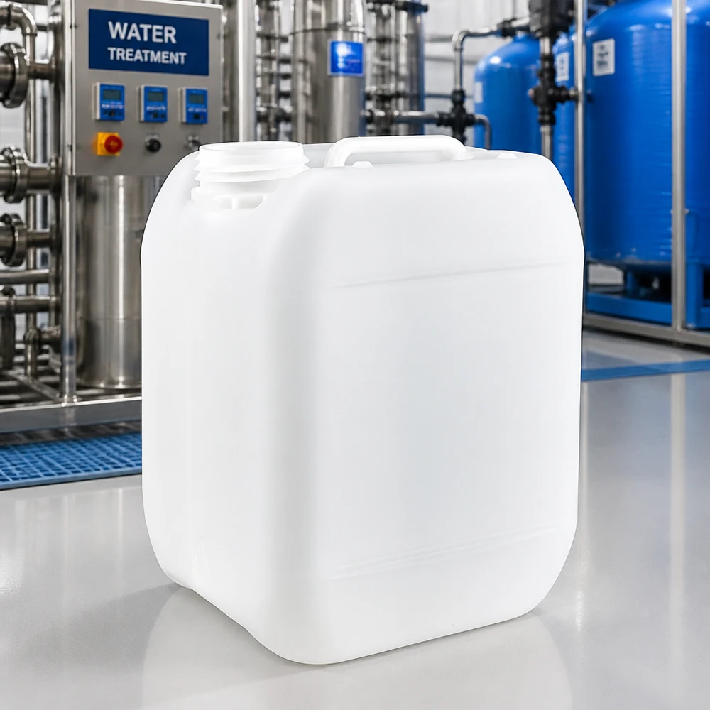 Jerrican de 5 litres sans bouchon Bidon de 5 litres sans bouchon devant une station de traitement de l'eau bleue