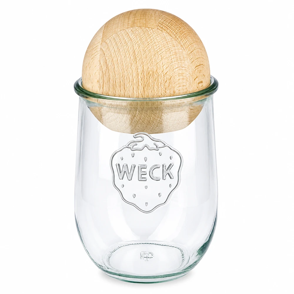 WECK Pot tulipe 1062ml RR100 avec boule en hêtre couvercle en bois Pot de conservation en verre recyclé