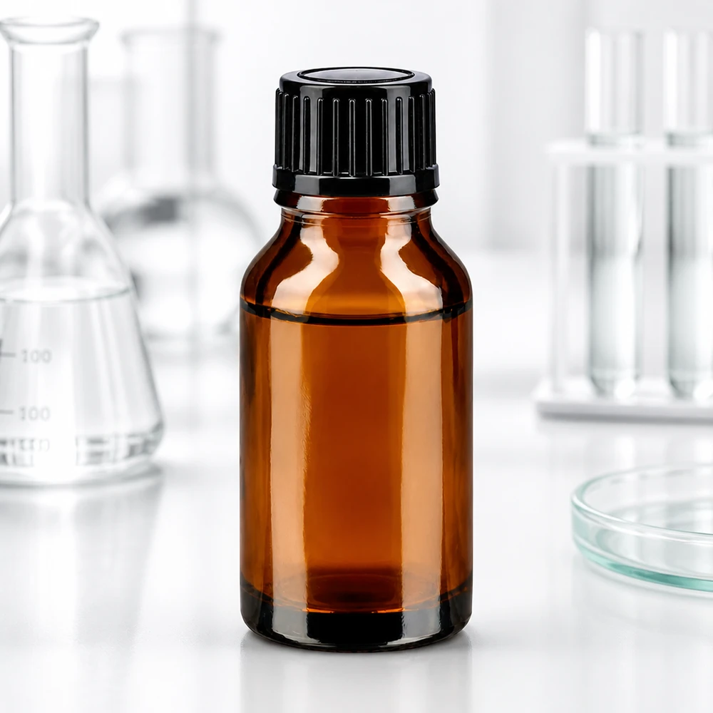Flacon en verre brun 15ml avec bouchon à vis noir Flacon de pharmacie de 15 ml en verre ambré avec bouchon à vis noir, dans un laboratoire, entre des fioles d'Erlenmeyer