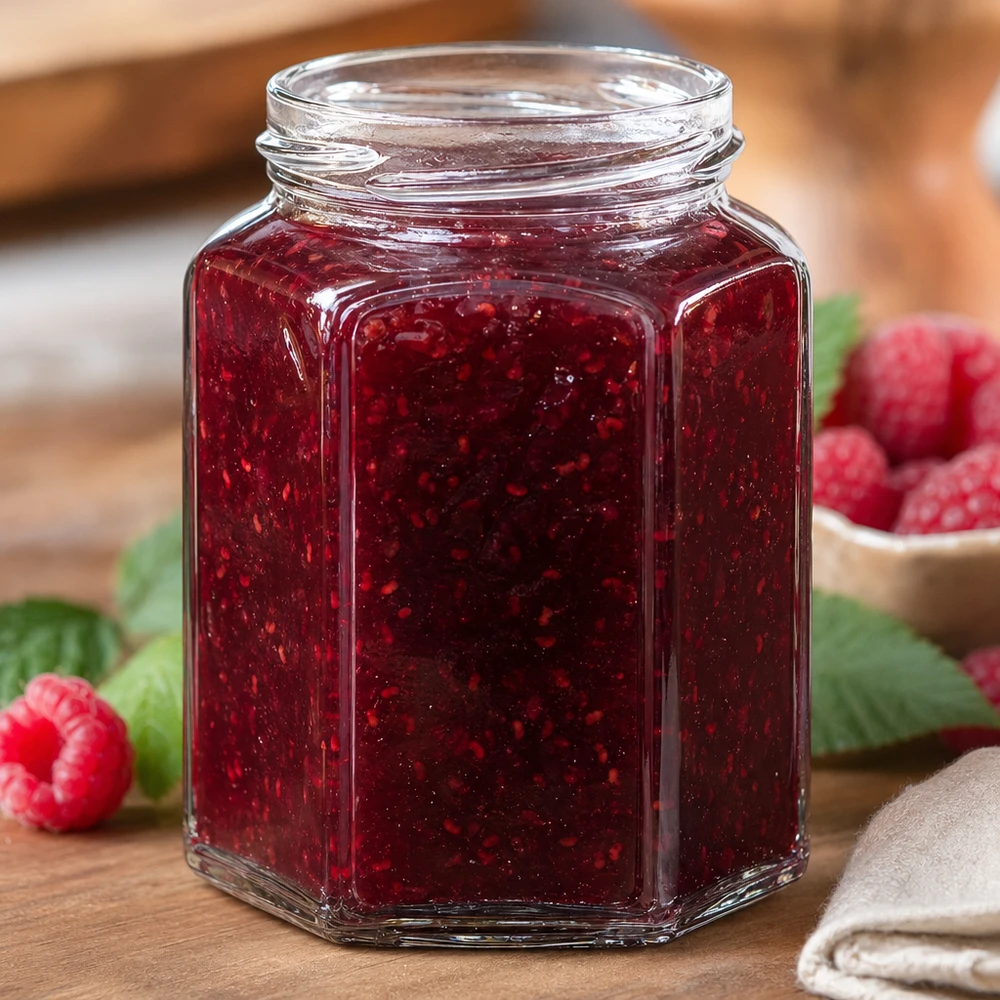 288ml Verre hexagonal sans couvercle (TO63) UNiTWIST UNiTWIST Hexa288 pot de confiture hexagonal 288ml rempli de confiture de framboise rouge sur table en bois