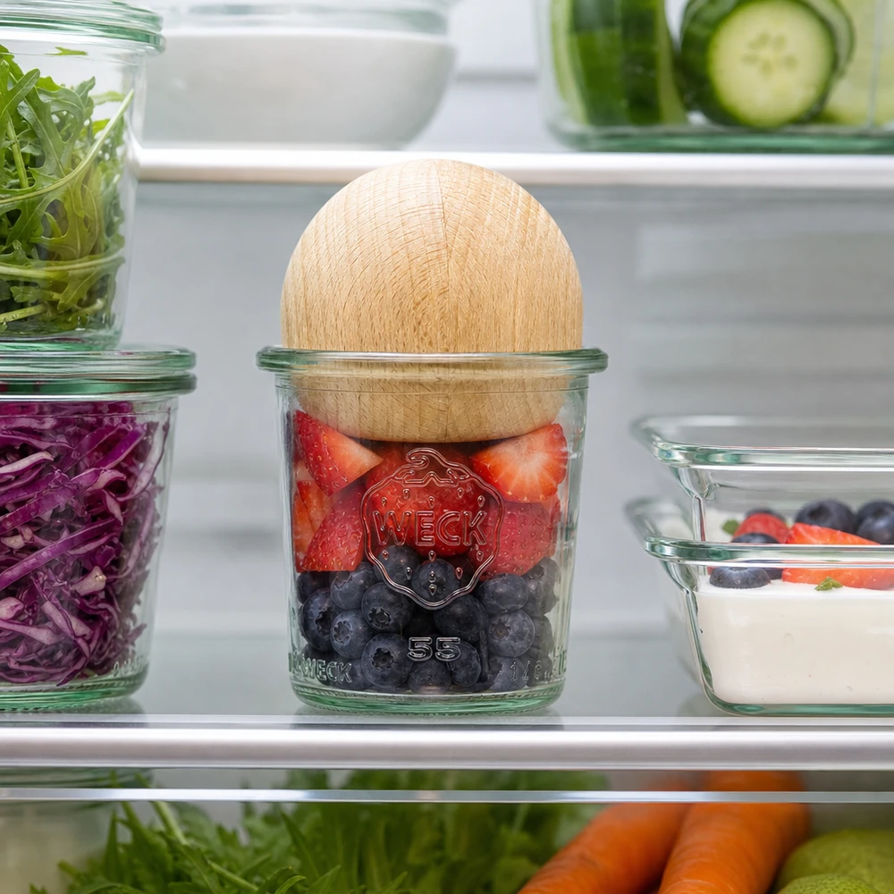 WECK Pot 140ml RR60 dans le réfrigérateur rempli de baies, couvercle boule en bois de hêtre entre les aliments frais