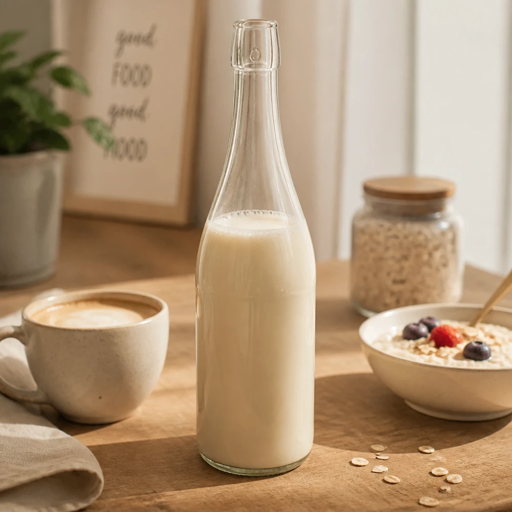 750ml UNiTWIST Bouteille en verre remplie de lait d'avoine à côté de la tasse de café Bol de céréales Table de petit déjeuner Lifestyle Scène