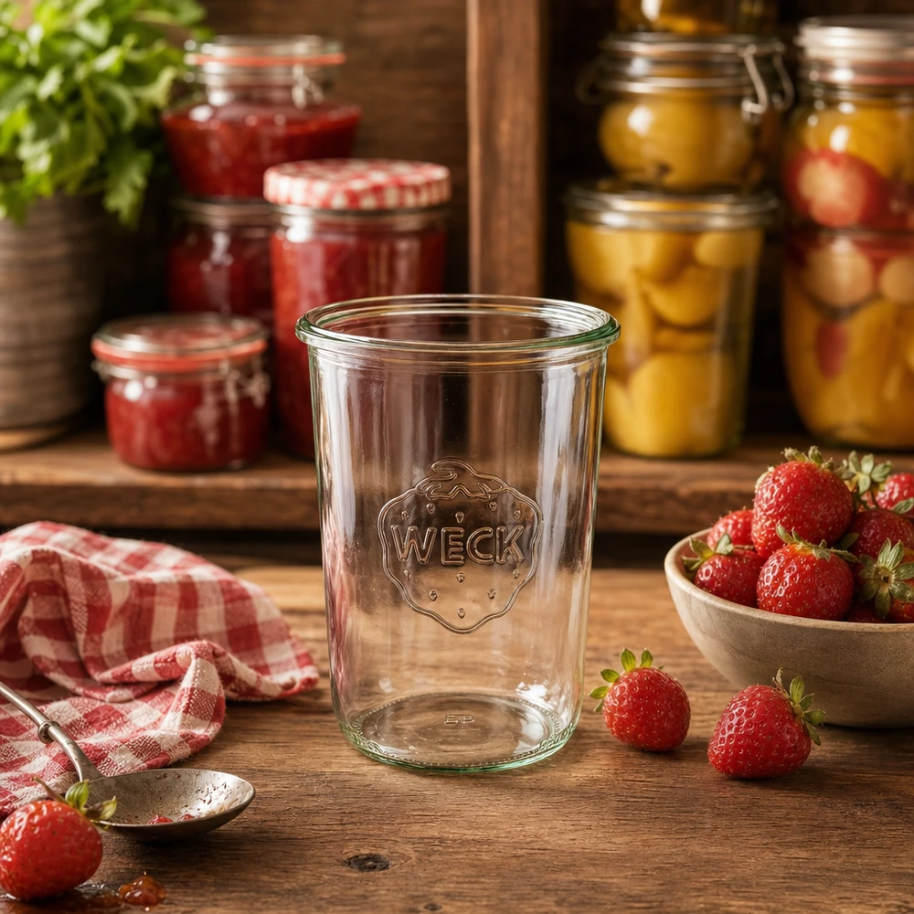 850ml WECK Pot renversé RR100 Pot de conserve transparent avec logo sur table en bois à côté de fraises fraîches et de pots de confiture