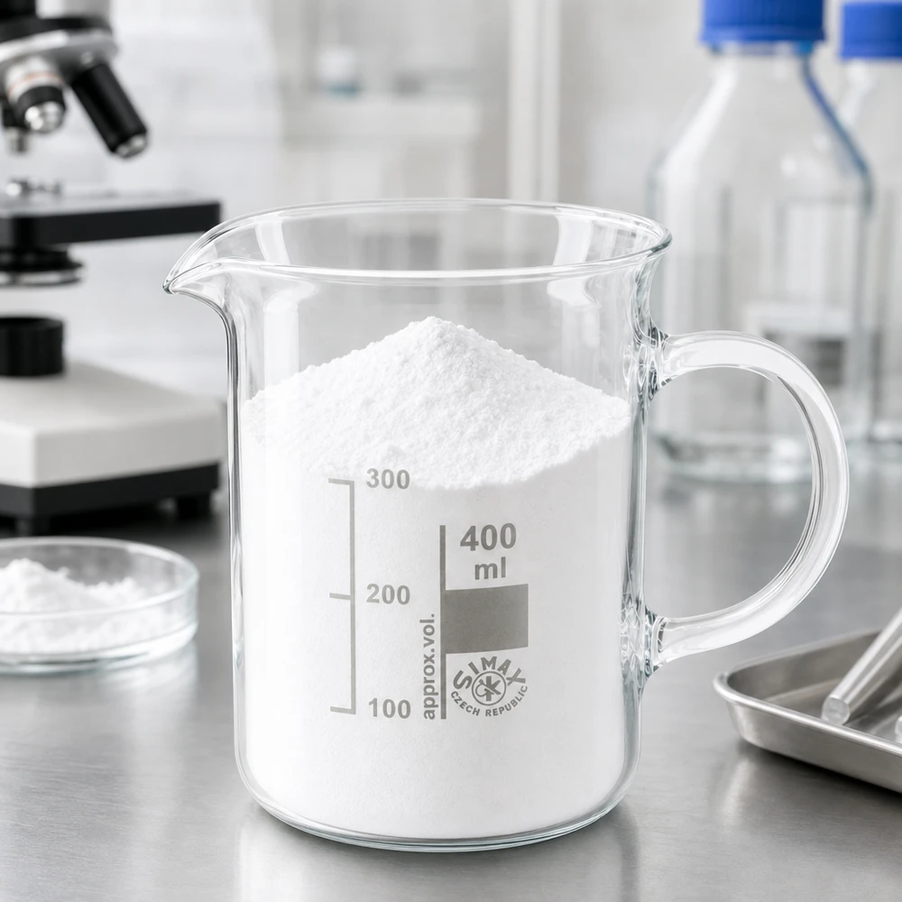 Bécher avec poignée 400ml en verre borosilicate résistant à la chaleur (forme normale) Bécher de 400 ml avec anse, rempli de poudre blanche, posé sur une paillasse de laboratoire ; verre borosilicaté