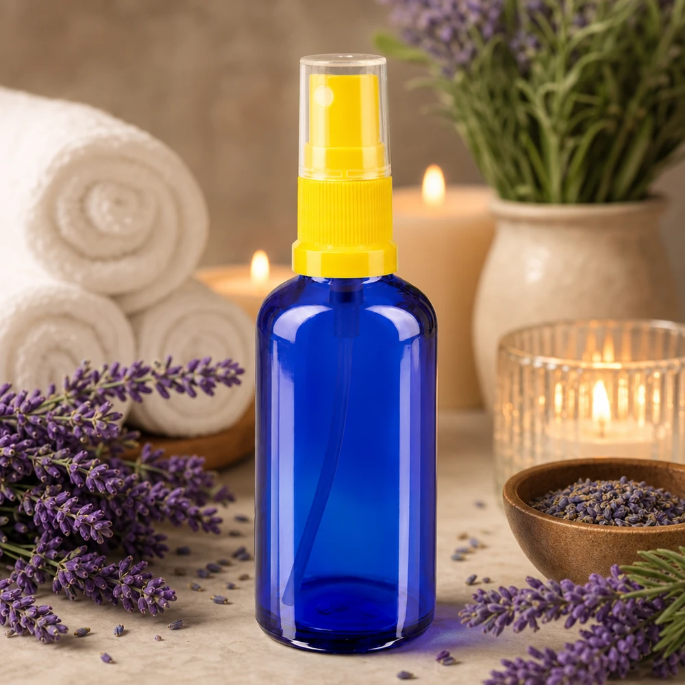 Flacon de pharmacie bleu de 50 ml avec vaporisateur transparent, entre des fleurs de lavande et des bougies