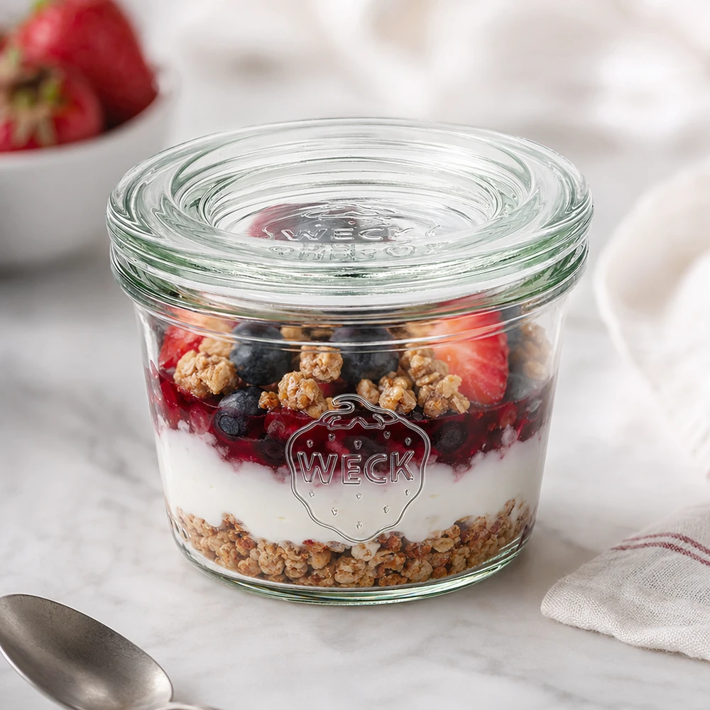WECK Verre renversé 35ml RR40 avec yogourt Müsli et baies comme dessert dans un verre décoré sur un plateau en marbre blanc