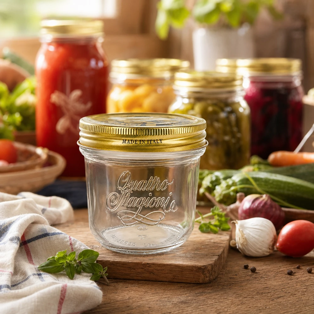 Quattro Stagioni 200ml pot renversé avec couvercle doré sur planche en bois entouré de bocaux et de légumes frais