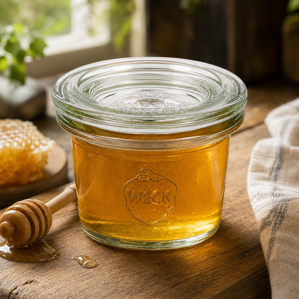 35ml bocal conique avec bouchon en verre WECK RR40 WECK Pot renversé 35ml RR40 rempli de miel sur planche en bois avec cuillère à miel et alvéoles dans une ambiance naturelle