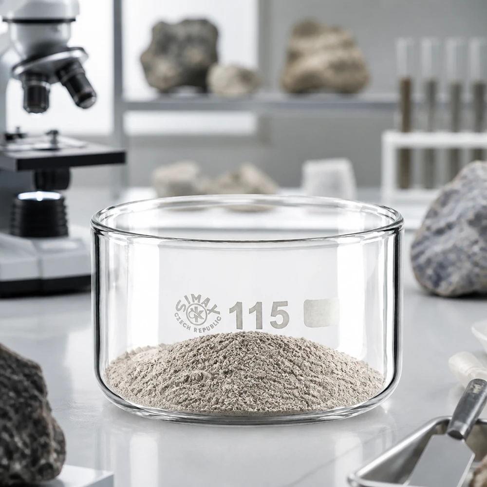 Coupelle de cristallisation 500 ml sans bec verseur Cuve de cristallisation SIMAX de 500 ml contenant de la poudre minérale grise, posée sur un plan de travail de laboratoire blanc