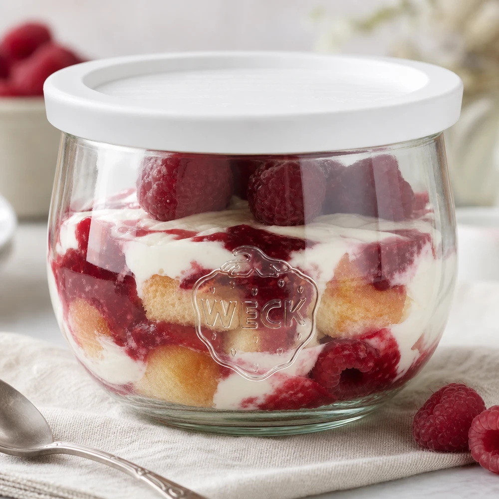 580ml bocal tulipe avec couvercle fraîcheur WECK RR100 WECK Pot tulipe 580ml avec couvercle fraîcheur comme coupe à dessert pour dessert en couches avec framboises et crème fraîche