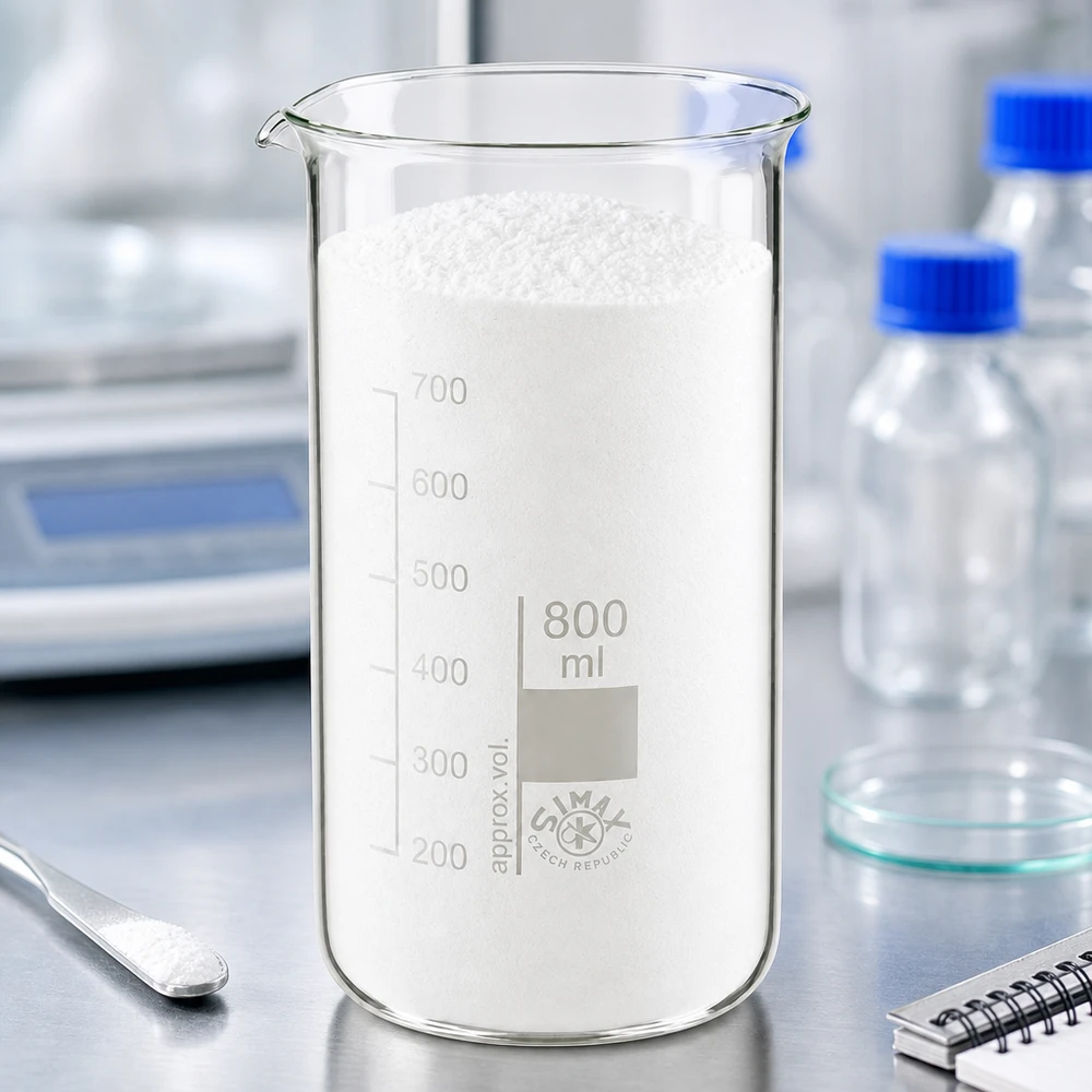 Bécher de 800 ml, modèle haut, rempli de poudre blanche, posé sur une balance de laboratoire, table en acier inoxydable SIMAX
