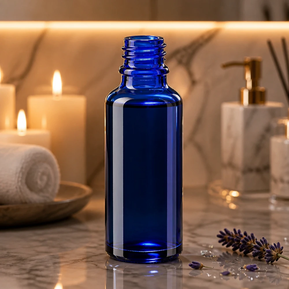 Flacon en verre bleu ApoGlas de 30 ml posé sur du marbre, avec de la lavande et des bougies, dans une ambiance spa