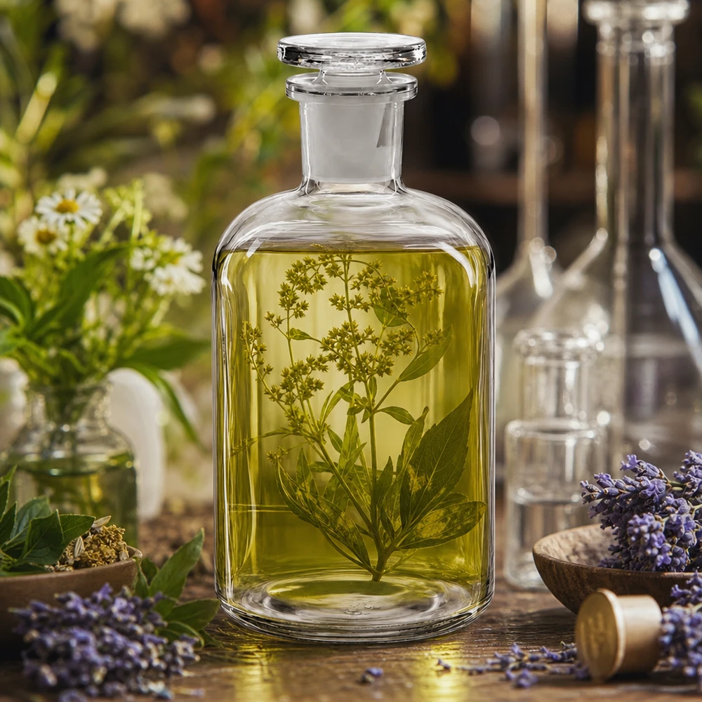 Flacon de pharmacie transparent de 500 ml avec bouchon en verre et goulot étroit pour huiles à base de plantes