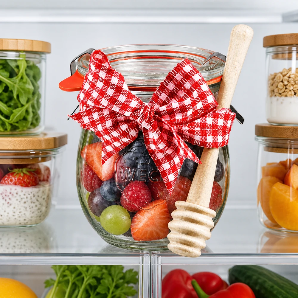 Mini bocal tulipe WECK 220 ml complet avec cuillère à miel et nud WECK Pot de conserve 220ml au réfrigérateur rempli de baies fraîches, cuillère à miel et décoration rouge